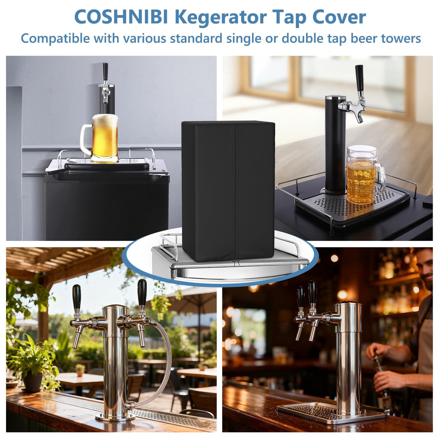 COSHNIBI Kegerator Beer Tower Cover,Waterproof and Dustproof Kegerator Tap Covers with Insulation Layer for Single or Double Tap Draft Tower,10.23"L x 6.69"W x 18.11"H,Black(Cover Only)