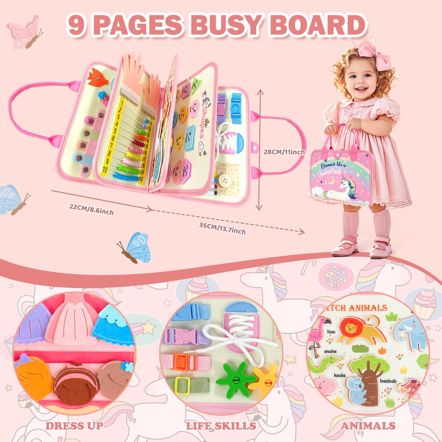 Aurasys Toddler Busy Board Montessori Toys for Girl Birthday Gift,Educational Learning Sensory Busy Book, Airplane Car Travel Activities Toy for Girl(Pink)
