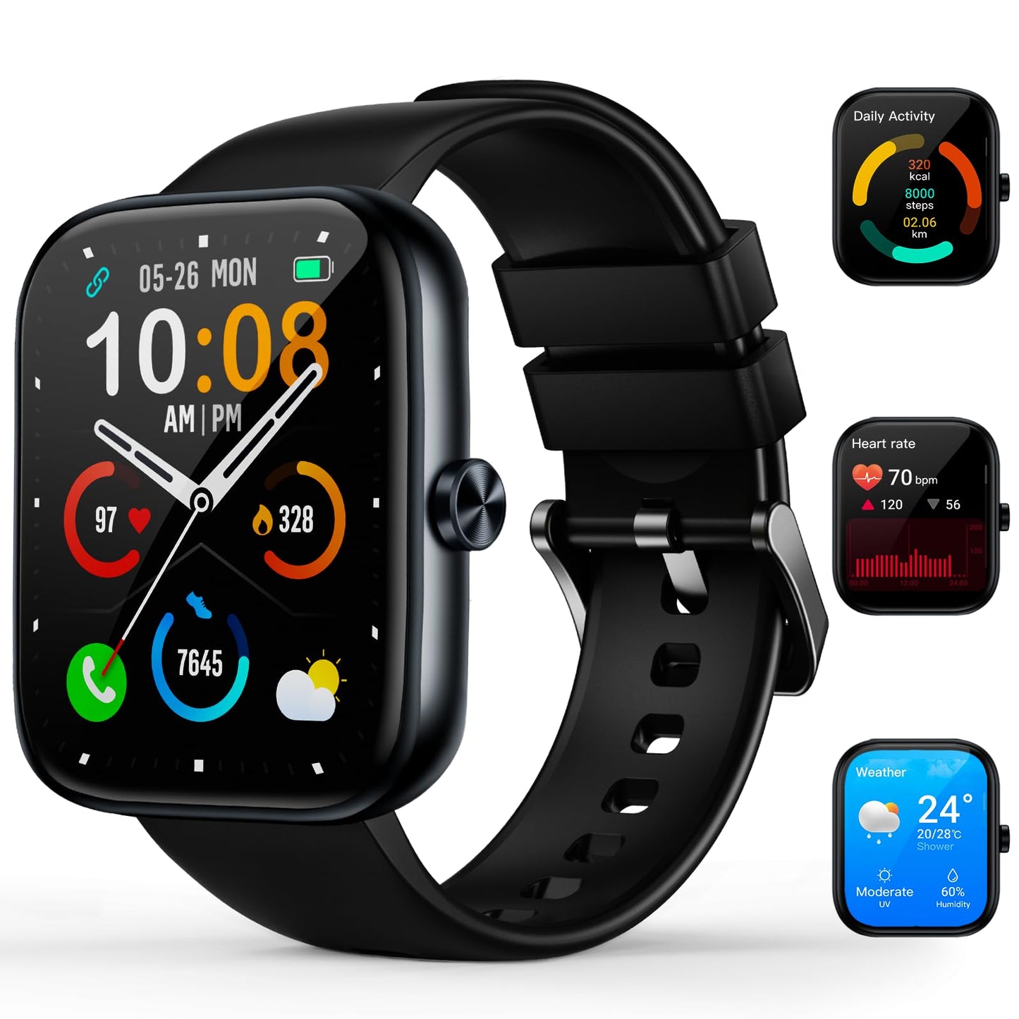 Smart Watch for Men Women, 1.83" HD Touchscreen Fitness Watch with Bluetooth Call&Message Notifications, 110+Sport Modes, 24/7 Heart Rate/Sleep Monitor, IP68 Waterproof Fitness Tracker, Grey Black