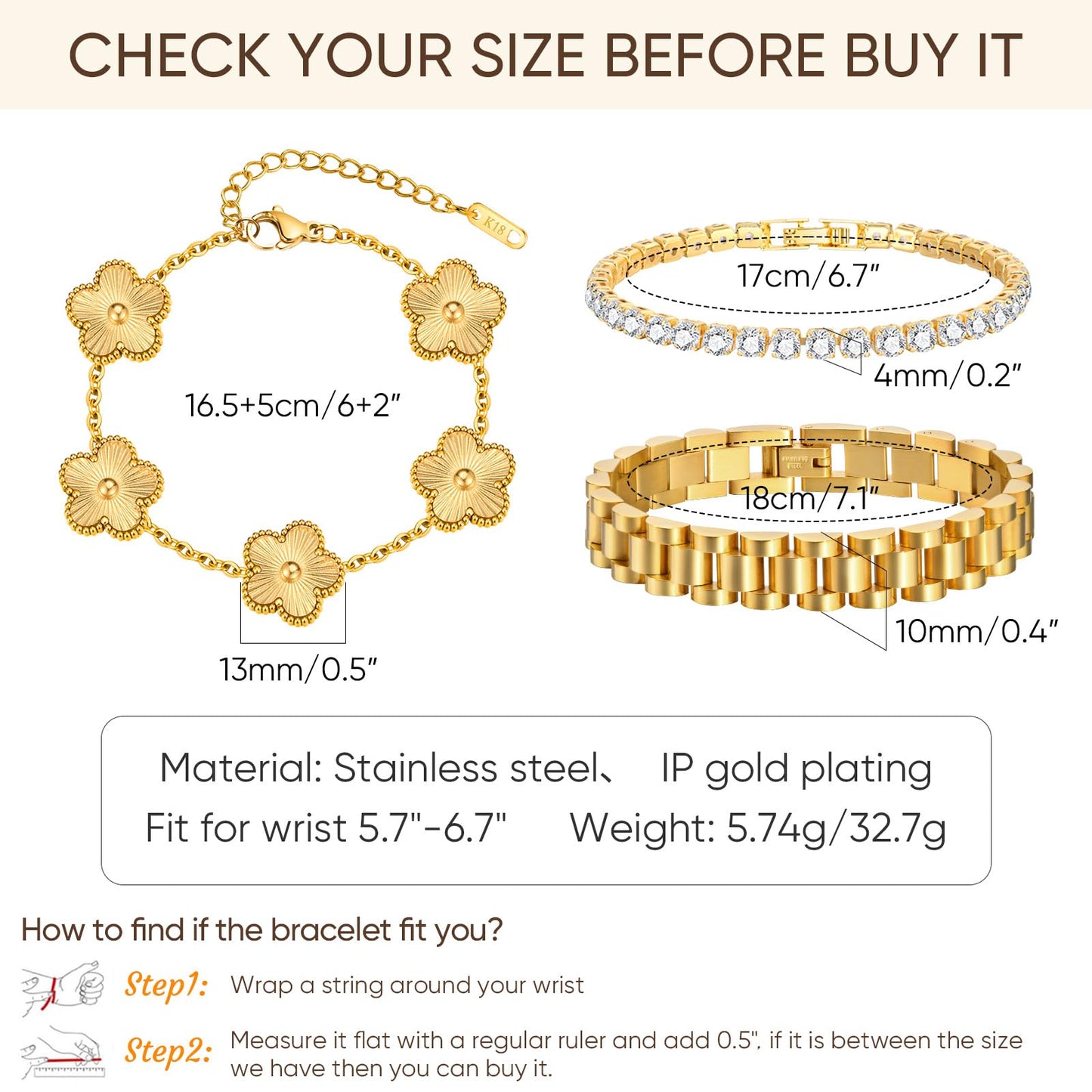 Stackable Gold Floral Bracelets Set - 3pcs 18K Gold Plated Bracelet Non-tarnish,Stainless Steel Link Chain Friendship Bracelet,Watch Band Trendy Jewelry,Christmas Valentines Birthday Gifts for Women