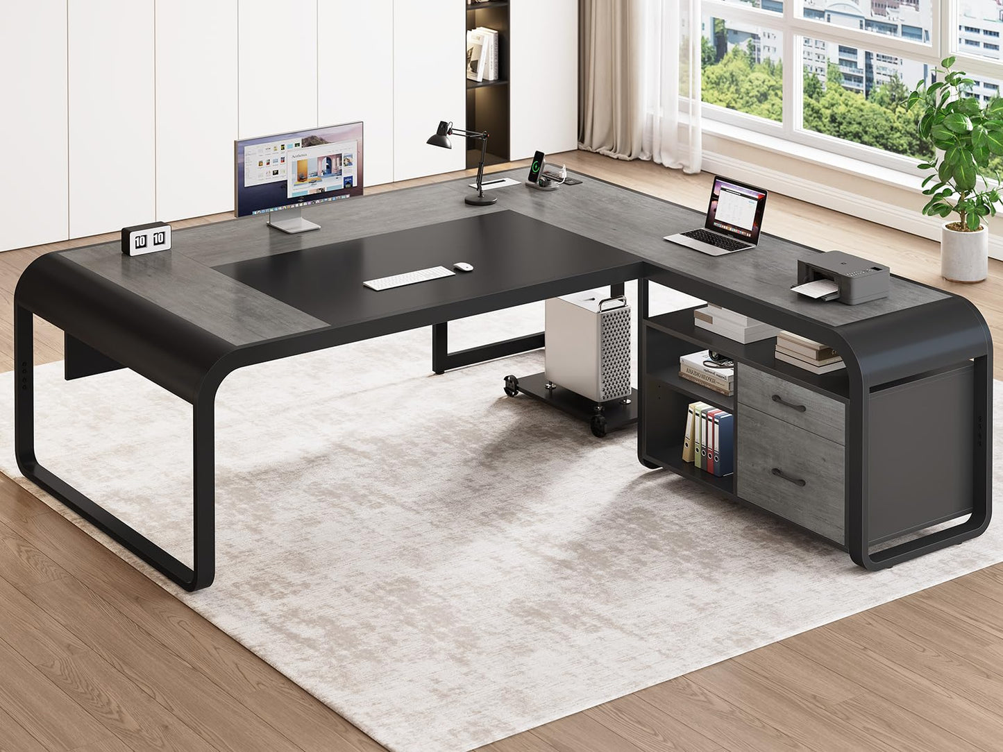 SEDETA 61 Inch Executive Desk, Large Office Desk with File Drawer, L Shaped Desk with Drawers, Computer Desk with Mobile CPU Stand, Storage Shelves, Power Outlets for Home Office, Gray