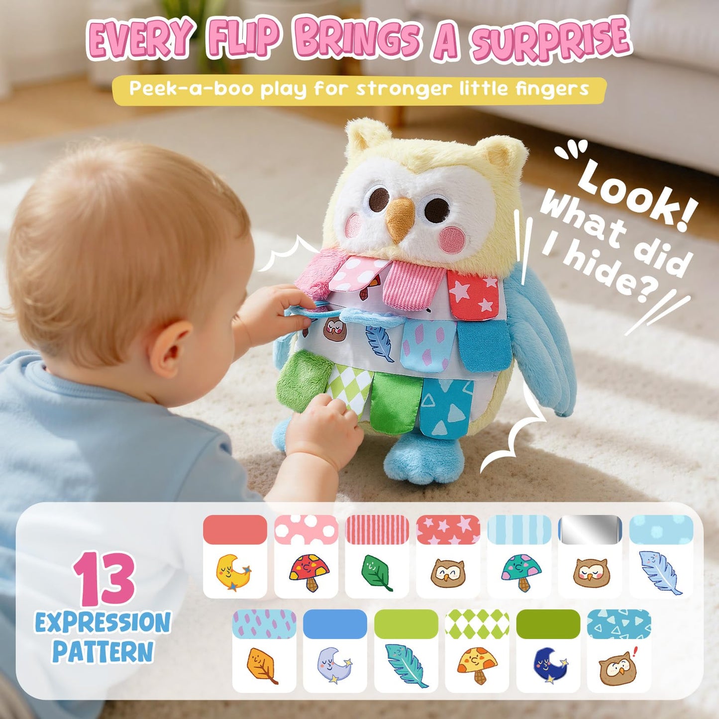 JoyCat Sensory Owl Baby Toy for 0-12 Months, 13''Soft Tummy Time Infant Toy with Multi-Textured Crinkle Feathers, Baby Mirror, Stuffed Animal Plush Montessori Easter Gifts for Newborn Boys and Girls