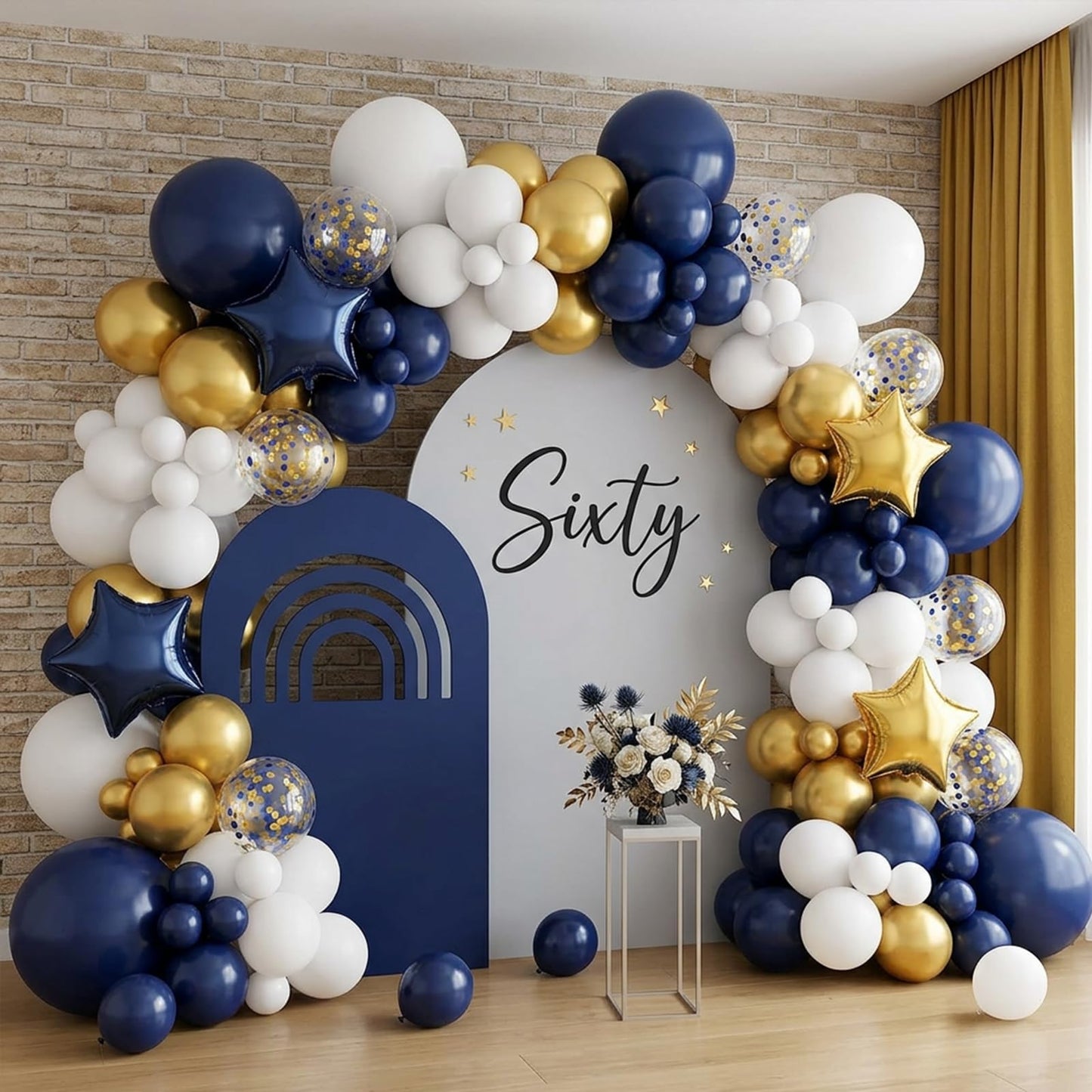 RUBFAC 176pcs Navy Blue Gold Balloons Arch Kit, Navy Blue Balloon Garland Metallic Gold White Confetti Balloon Foil Balloons for Baby Shower Birthday Party Wedding Anniversary Graduation Decoration