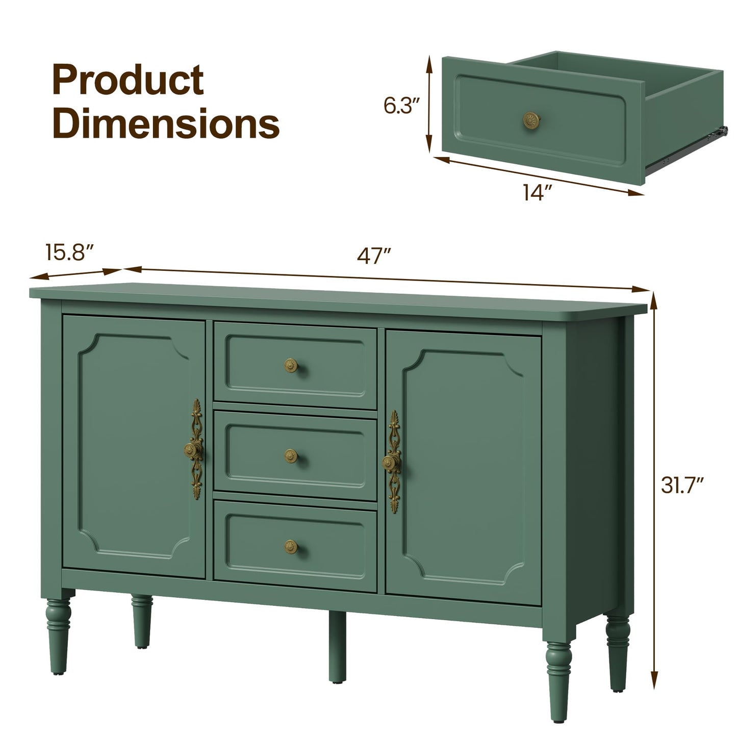 FansaFurn Green Storage Cabinet, Mid-Century Buffet Cabinet with 2 Doors & 3 Drawers, Accent Sideboard Cabinet with Adjustable Shelves & Turned Legs, Great for Entryway, Living Room, Dining Room