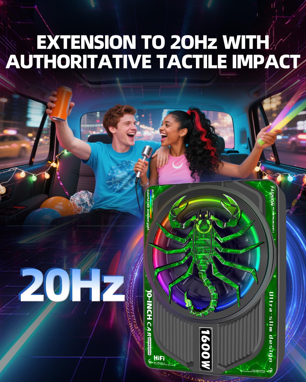 SUBPULSIX 1600W Slim Underseat Car Subwoofer and Amp Package, Powered Under Seat Subwoofer with Built-in Class D Amplifier, Subsonic Deep Bass, DSP Noise Reduction, RGB Beat Light, for Truck SUV Car