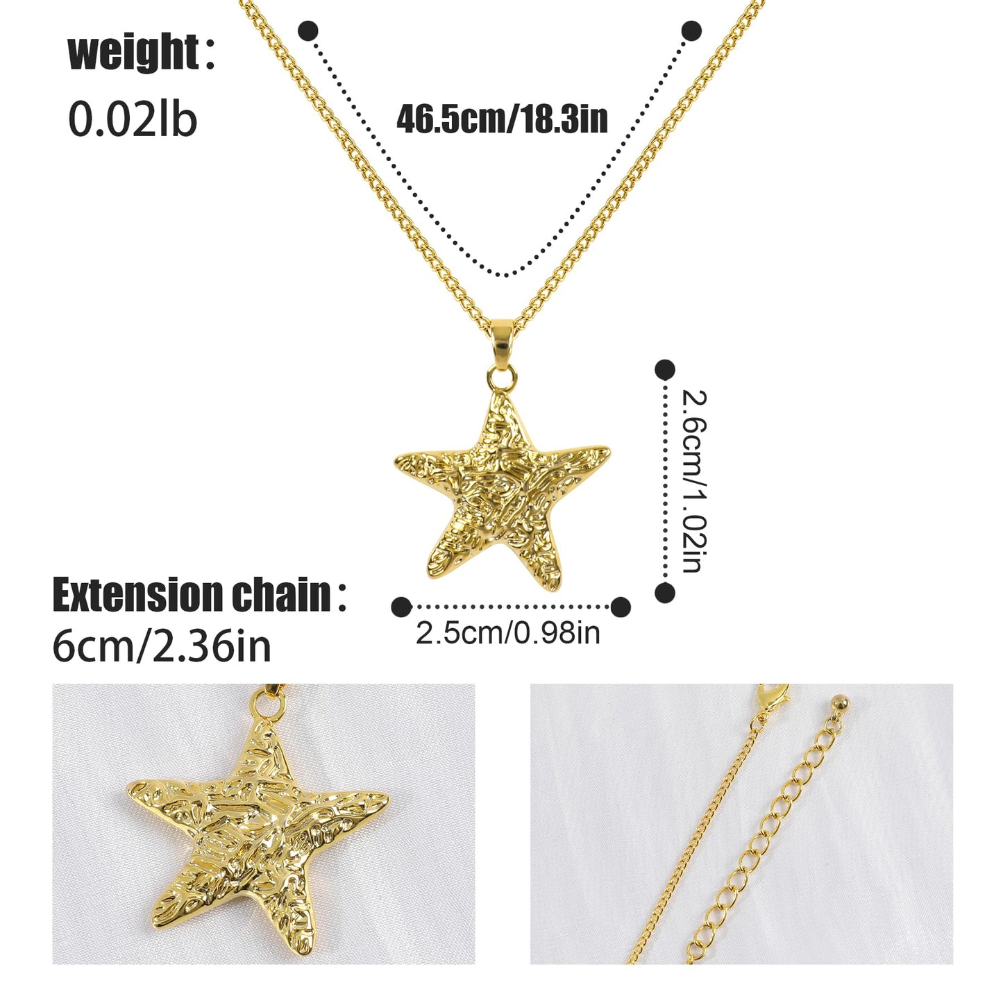 NEKOL Gold Starfish Pendant Necklace for Women, 14k Gold Plated Cute Textured Sea Star Necklace Shining Starfish Statement Necklace Party Summer Beach Ocean Jewelry Gift