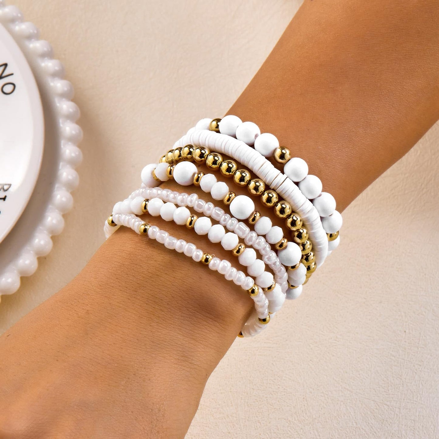 LOTSOF Boho Multilayer Beaded Bracelets Set for Women - Vintage Gold & Brown Stackable Stretch Bracelets, Bohemian Handmade Jewelry for Daily Style & Gifting (White)