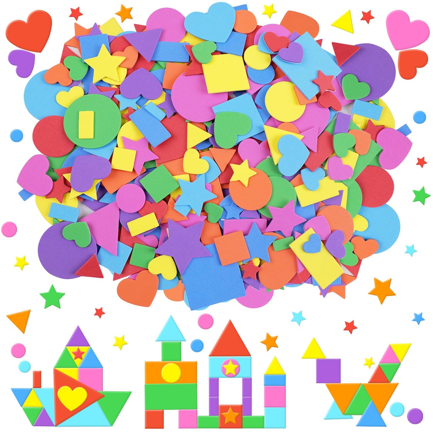 1700Pcs Foam Stickers Foam Shape Stickers Heart Star Square Geometric Sticker for Crafts Self Adhesive Small Large Shape Sticker for Kids Reward Classroom Scrapbook Home Christmas Party Decor
