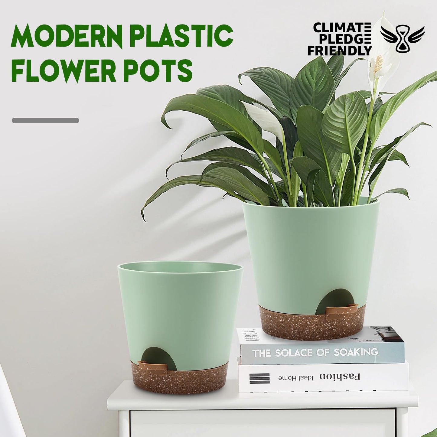 YNNICO Indoor Self Watering Planters with Drainage Holes and Saucers, 9,8, 7.5 Inches, Green, 3 Pots (Springgreen)