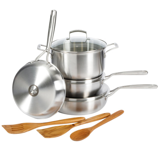 Babish 10-Piece Professional Tri-Ply Non-Toxic Pots and Pans Cookware Set – Durable, Even Heat Distribution for Cooking and Baking