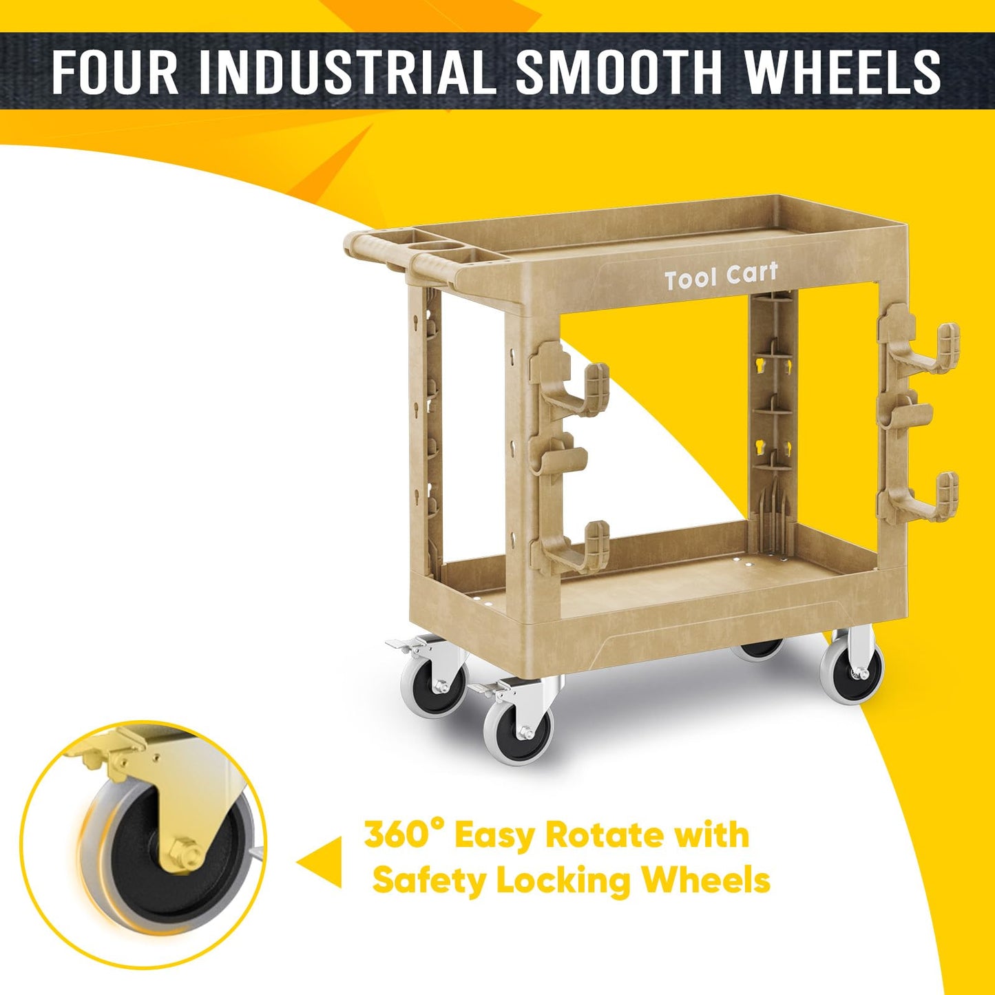 Utility Cart on Wheels, 850Lbs Heavy Duty Plastic Rolling Cart with Upgraded Side Tube Holder Hooks&Full Swivel Wheel, 34 x 17 Inch Deep Shelve 2 Tier Service Cart for Warehouse/Garage/Cleaning, Wood