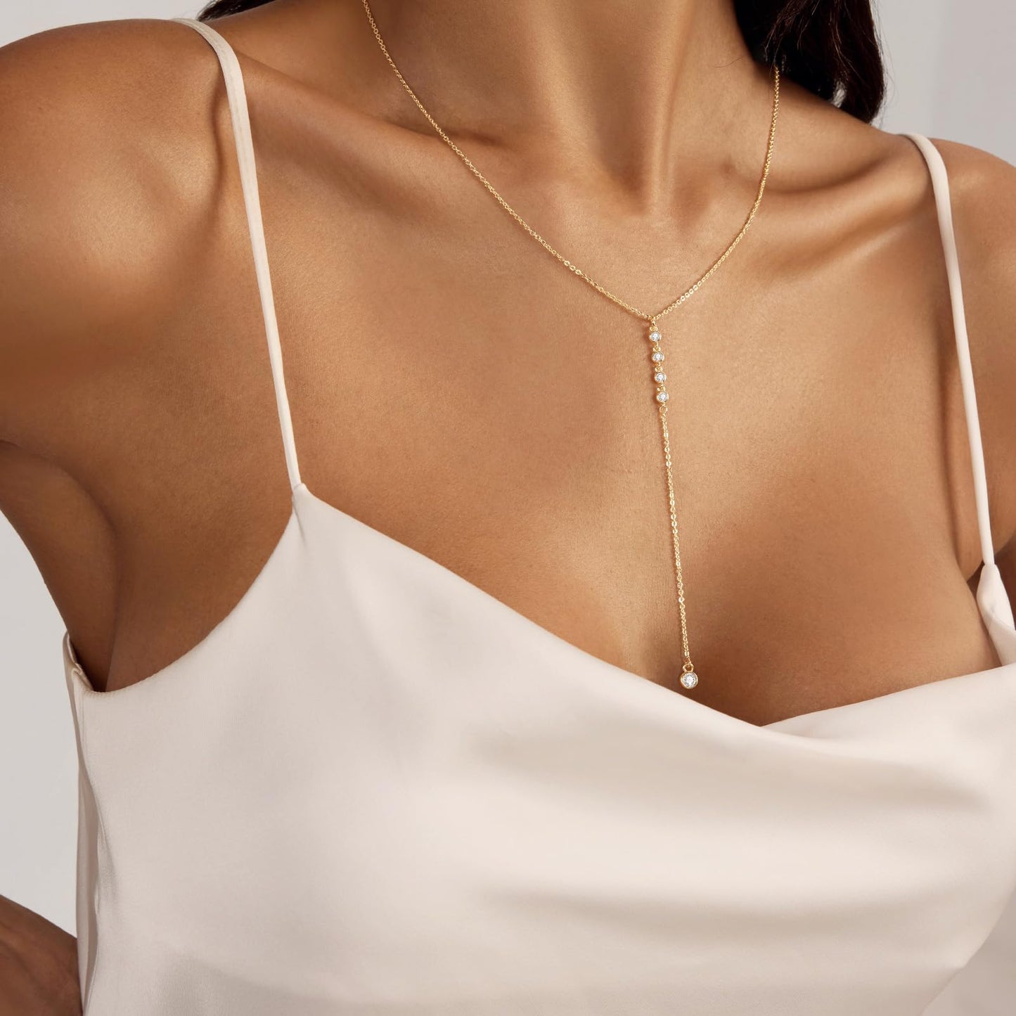 Airmb Lariat Gold Necklace for Women, Dainty Long Necklace 14k Gold Plated Layered CZ Chain Y-Shaped Body Chain Stack Drop Wedding Necklace Trendy Simple Gold Jewelry Gifts