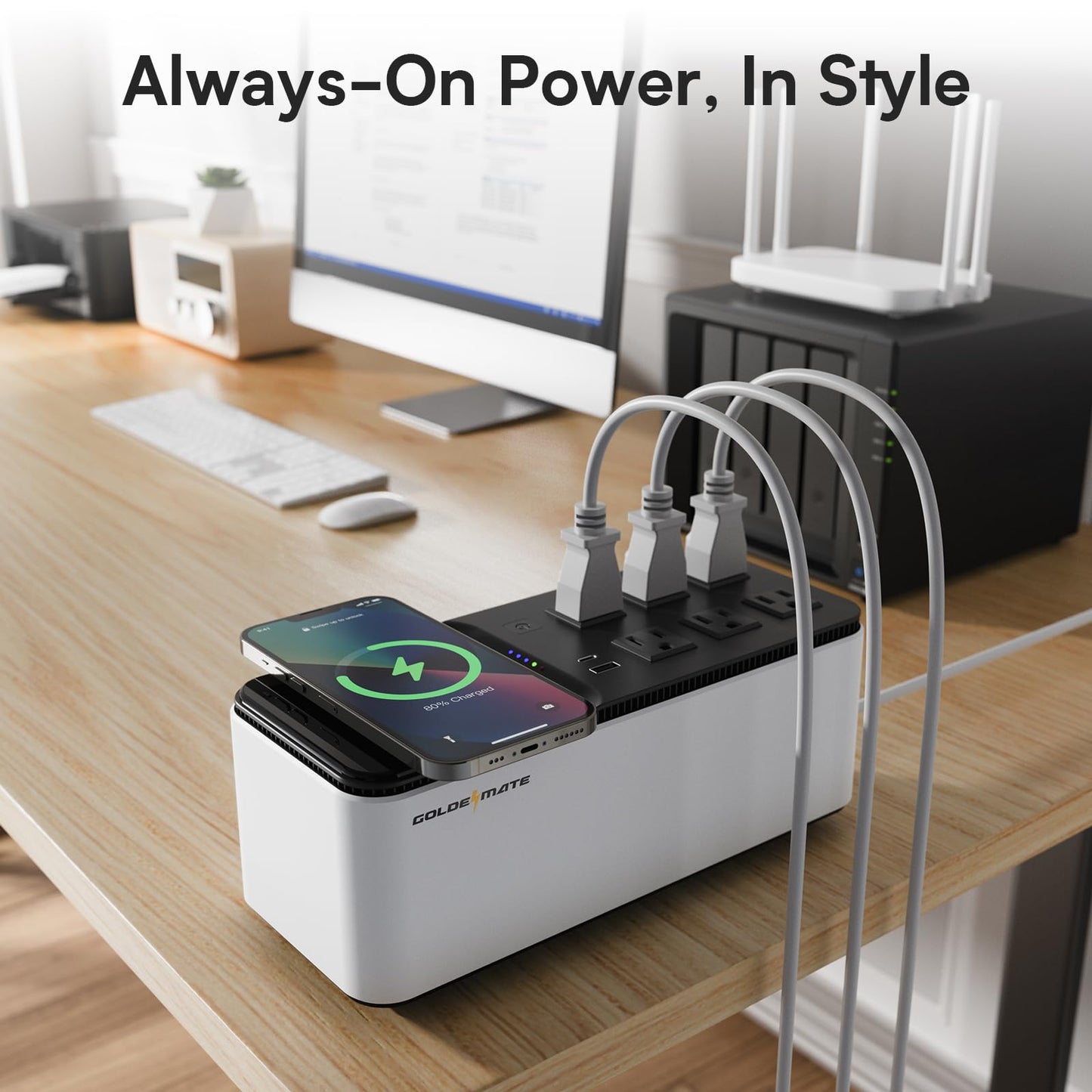GOLDENMATE 600VA/360W Lithium UPS Battery Backup and Surge Protector, Backup Battery Power Supply with LiFePO4 Batteries(76.8 Wh), 6 Outlets, 2 USB Charger Ports, Wireless Charging, Compact Design