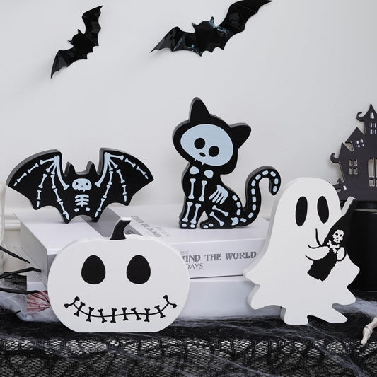 4PCS Halloween Decorations Indoor, Halloween Tiered Tray Decor Table Sign, Halloween Wooden Signs Ghost Bat Pumpkin Cat Blocks Signs, Table Decor Halloween Party Decorations for Mantle Home Shelf