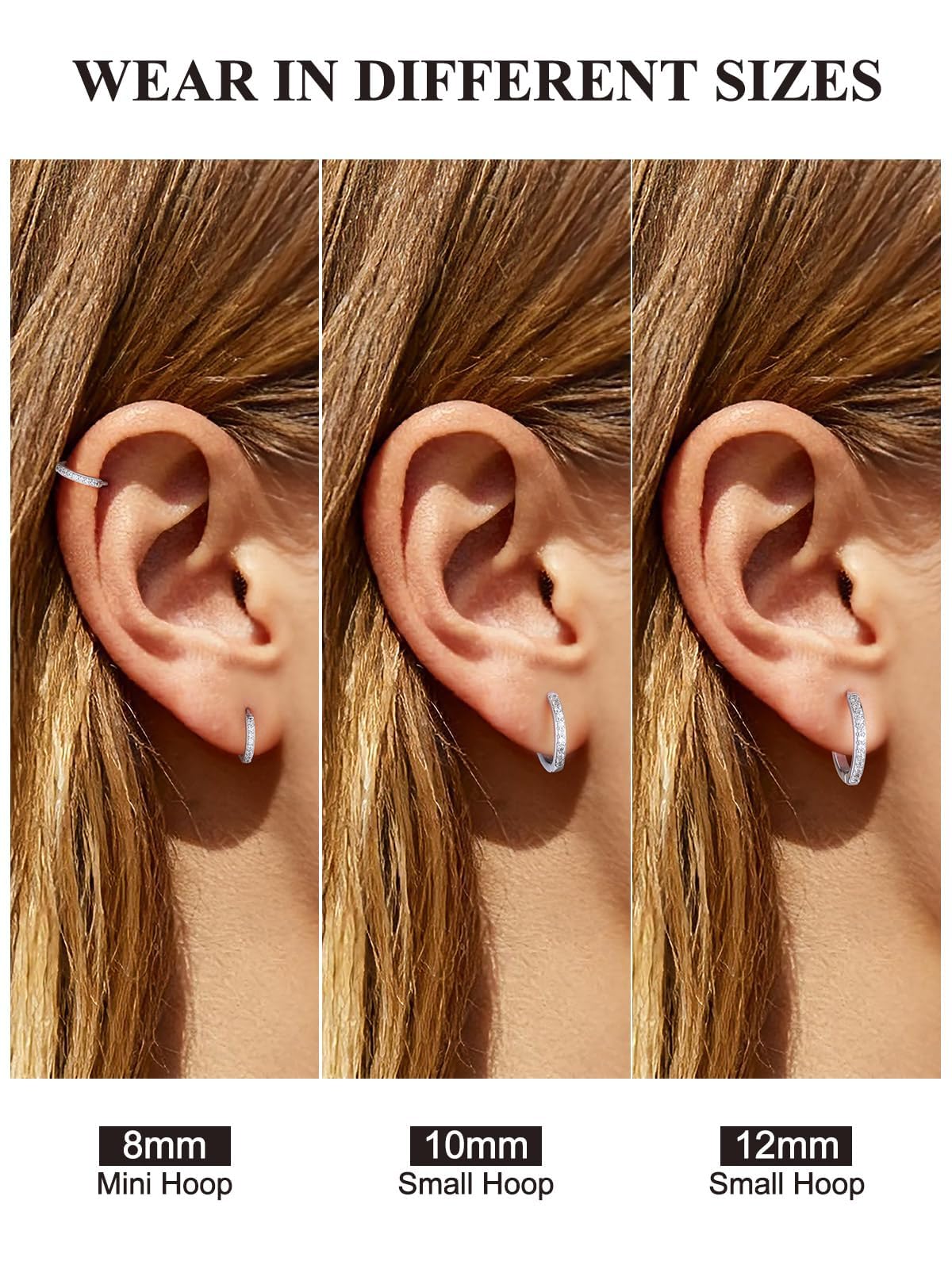 SILVERCUTE 925 Sterling Silver Huggie Hoop Earrings for Women,Hypoallergenic Small Silver Hoop Earring Cubic Zirconia Cartilage Earring Lightweight Huggies Earrings for Women,8/10/12mm