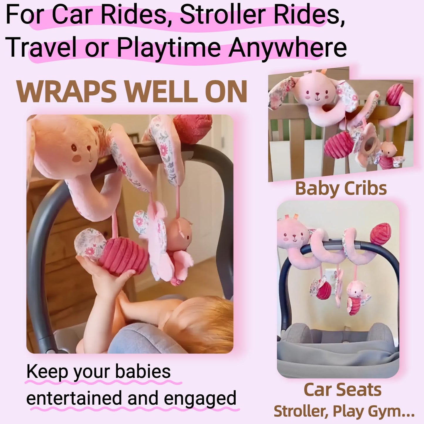 chochumy Baby Spiral Car Seat Toys for Babies 0-6 Months Girl, Stroller Hanging Stuffed Animal Carseat Crinkle Rabbit Toy 0-3-4-5-7-8-9-12 Month, Newborn Infant Gifts Easter Basket Stuffers Bunny 3PCS