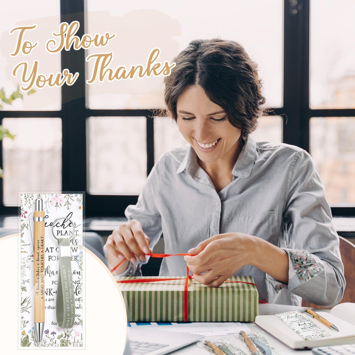 Geyoga 30 Sets Teacher Appreciation Gifts Bulk Inspirational Bamboo Pens Motivational Silicone Keychains with Thank You Cards for Employee Staff Team Teacher Appreciation Week Gifts