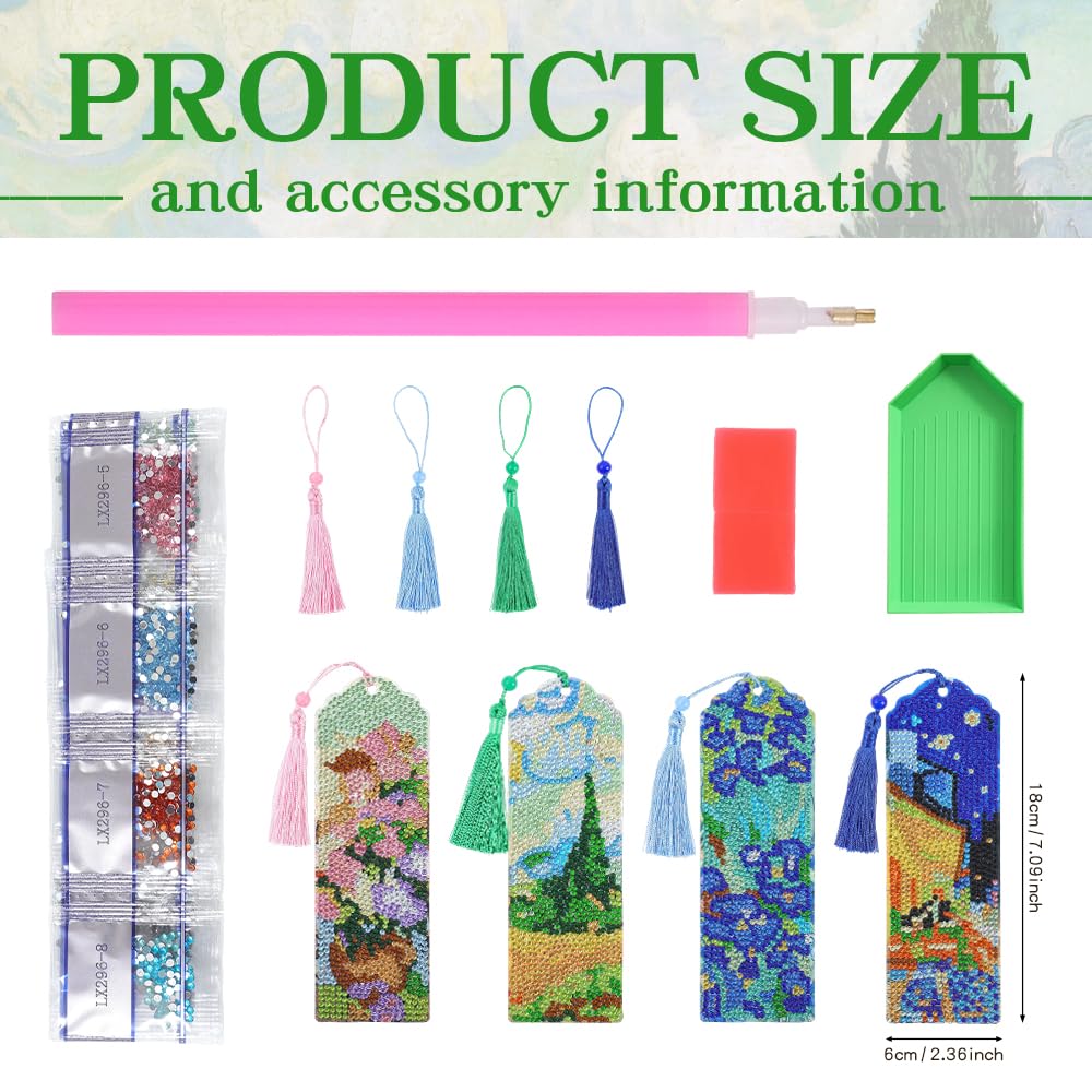 icceemee 4 pcs Oil Painting Themes Diamond Painting Bookmarks, DIY Diamond Art Kits for Adults, Book Corner - Protecting Bookmark Craft Supplies Kits for Book Lovers
