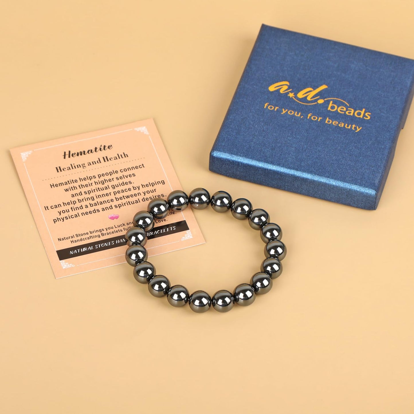 AD Beads Handmade Gemstone Stretch Elastic Bracelet Crystal Healing Reiki Nature's Beauty and Spiritual Essence Unisex (10mm, Hematite (Healing and Health))