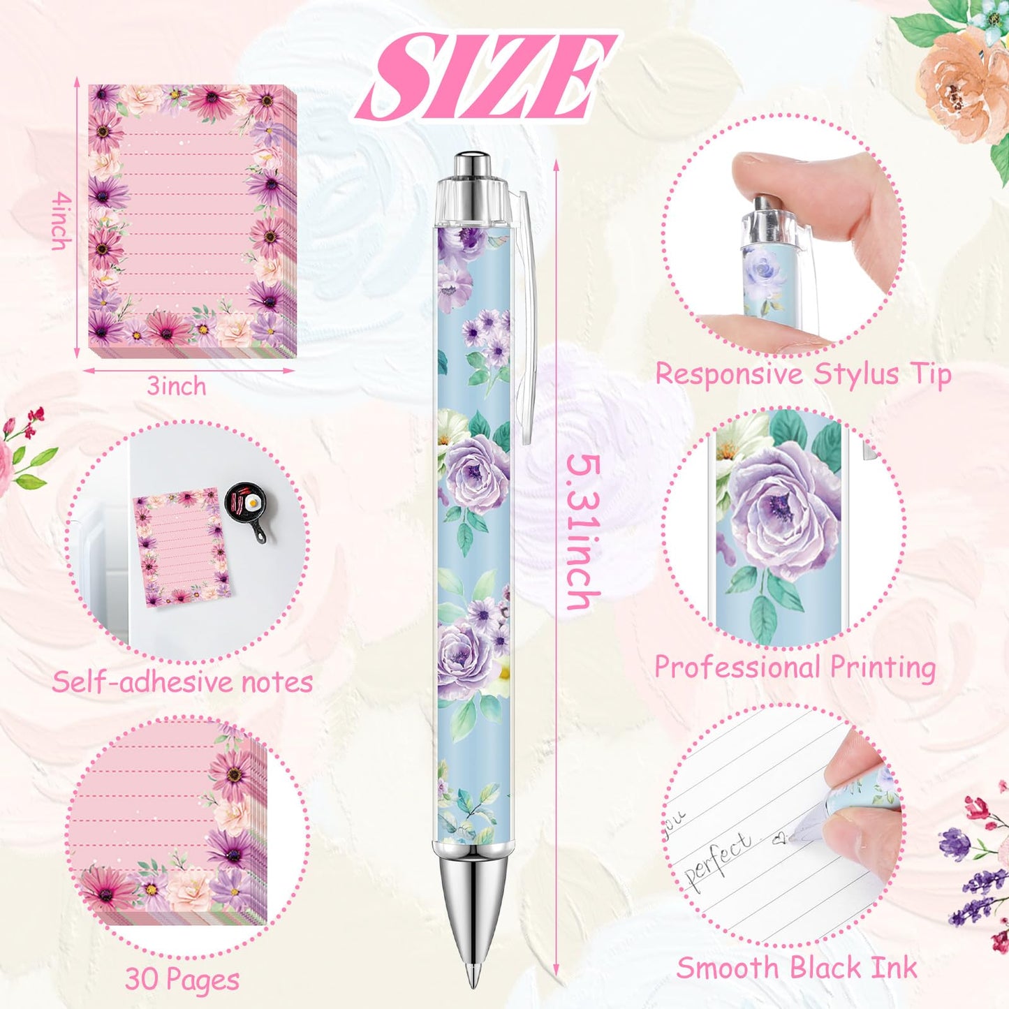 Eaasty 20 Pieces Flower Gift for Women Sticky Notes with Floral Pens, Pencil Bags Makeup Bags, 3 x 4 Inches Cute Note Pads, Funny 1.0 mm Ballpoint Pens, Office Supplies for Women