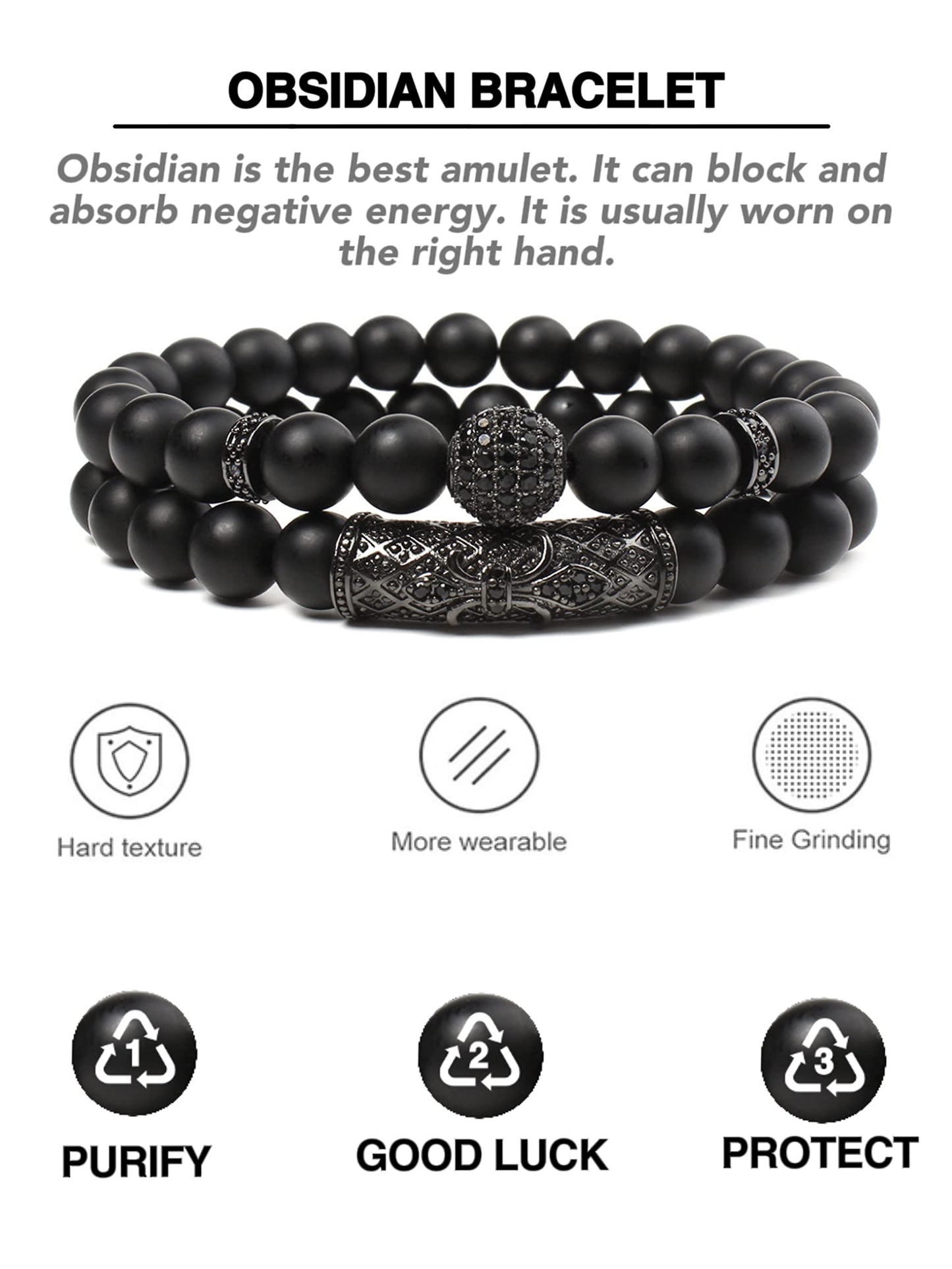 GDLKPYHS Blak Obsidian Bracelet, Handmade Beaded Bracelet 8MM Crystal Beads,Adjustable Stretch Bracelets,Protection Bracelet,Bring Good Luck, Prosperity and Happiness, Men's and Women's Gifts