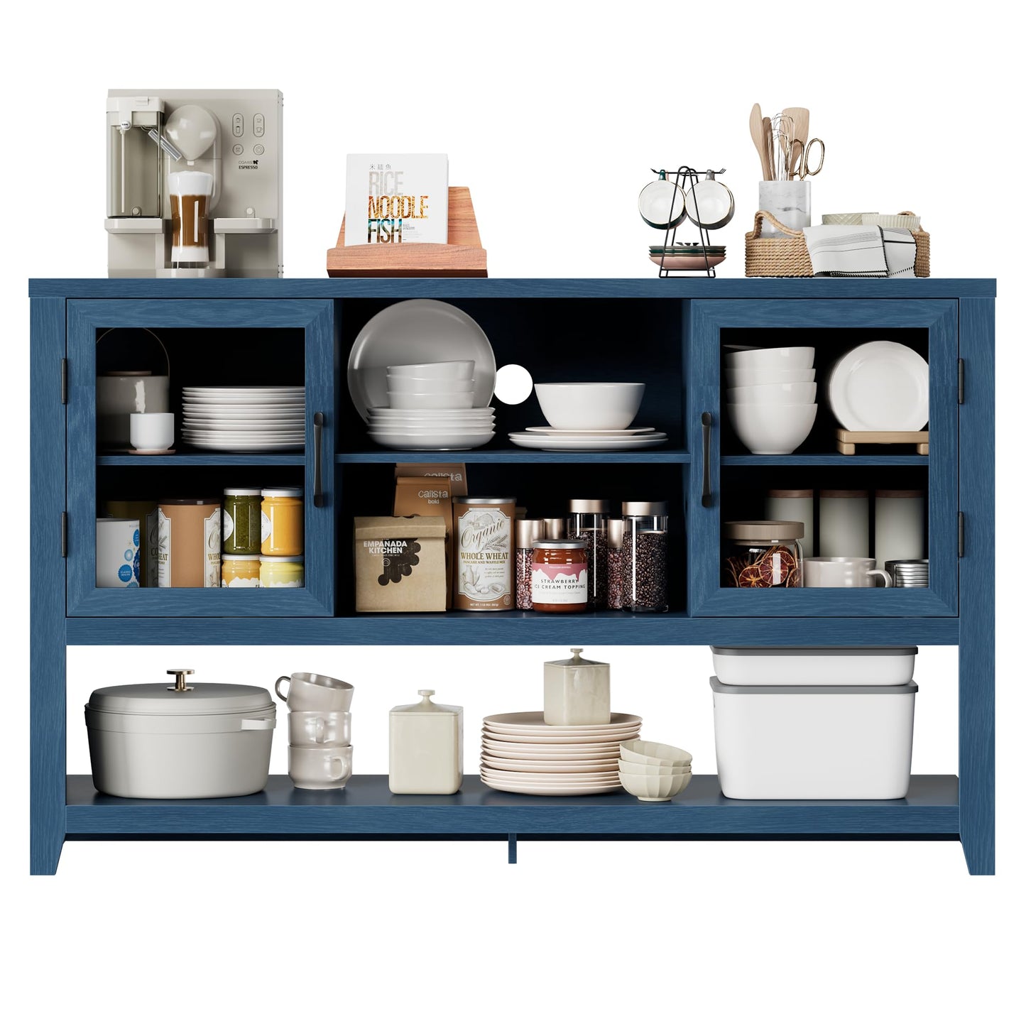 Garvee 53" Kitchen Buffet Sideboard Cabinet - Coffee Bar Table with 2 Glass Doors and 3 Shelves, Modern Storage Cabinet for Living Room, Entryway, Dining Room, Blue