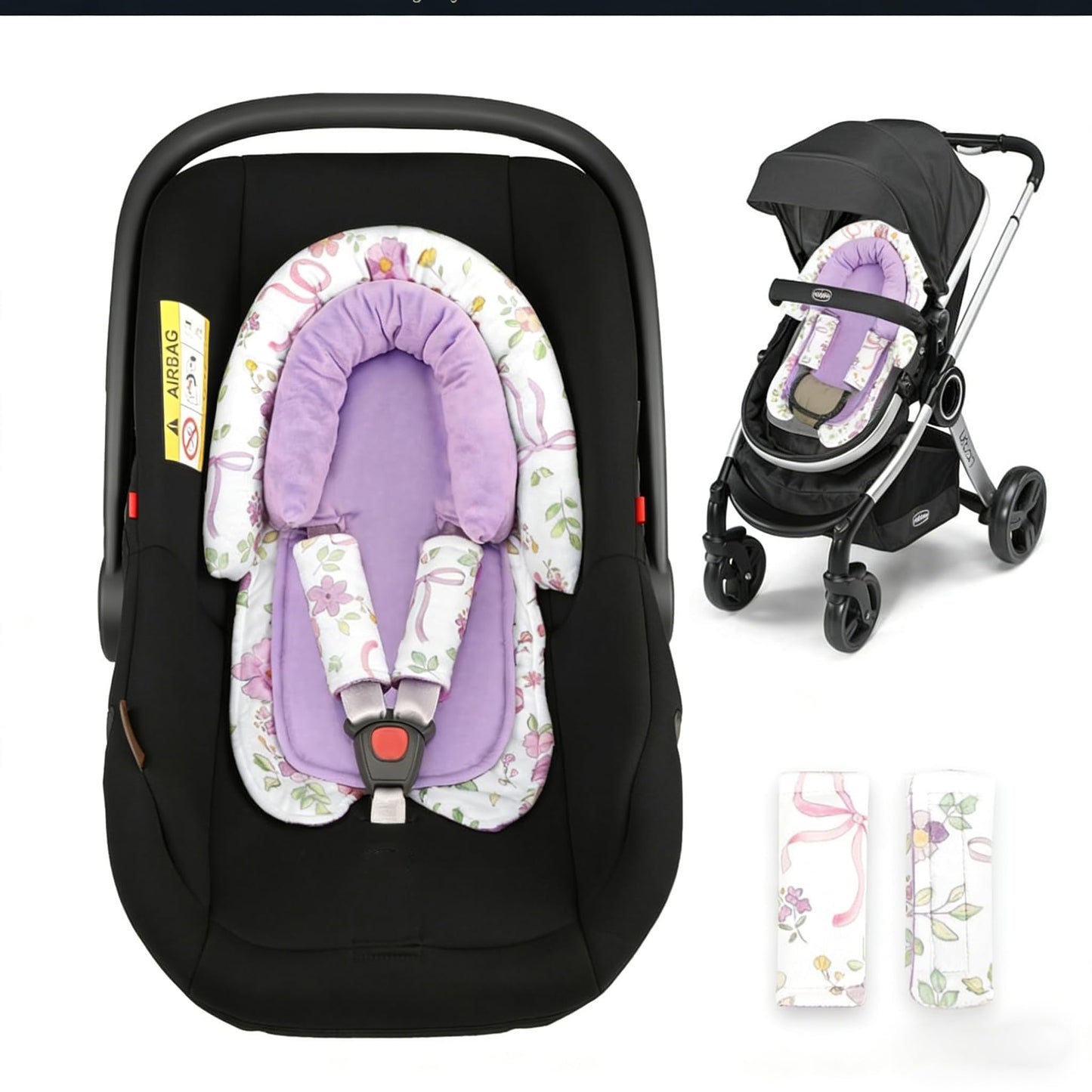 SWESEN Infant Car Seat Insert & Strap Covers, Car Seat Head Support for Baby Girls, 2 in 1 Soft Plush Car Seat Insert for Newborns, for Infants Aged 0-12, Purple Bow