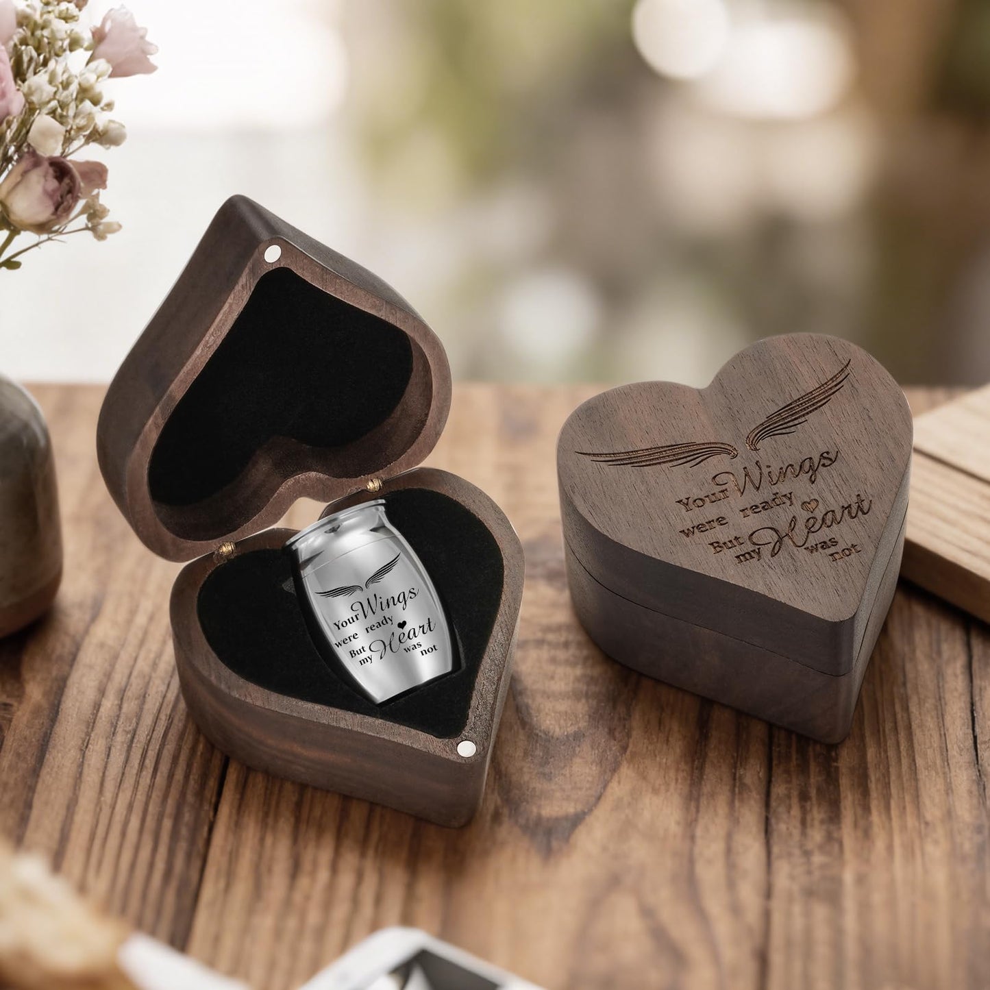 Dletay Angel Wing Small Urns for Human Ashes Heart Shaped Wooden Keepsake Box 1.57 Inches Mini Cremation Urns for Women Men Memorial Funeral Urn