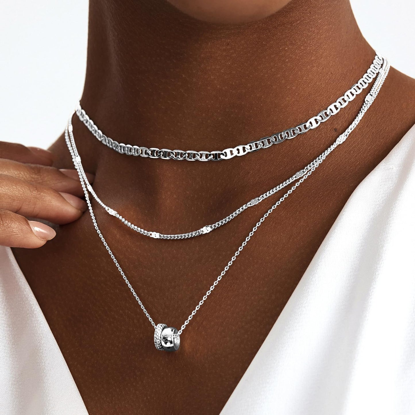 OGD Layered Necklaces for Women Silver Plated Trendy Mariner Chain Dainty Circle Rondelle Pendant Choker Necklace for Women Two-Toned Cubic Zirconia Silver Necklace Stack Hypoallergenic