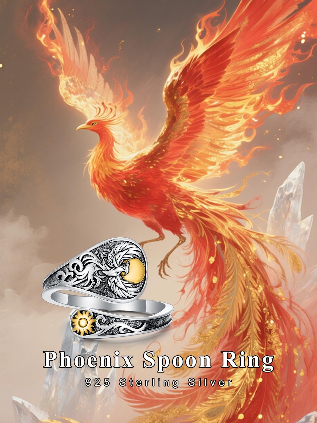 Midari Phoenix Rings 925 Sterling SilverAdjustable Phoenix and Sun Spoon Rings Vintage Finger Open Thumb Rings Jewelry Gifts For Women Christmas Birthday Gifts