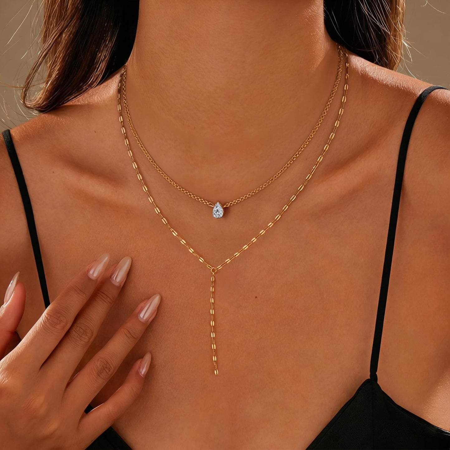 ENGCKSHI Necklace for Women, Dainty Long 14K Gold Y-Shaped Necklace Jewelry Trendy Beaded Layered Chain Drop Necklaces Jewelry Women Gifts