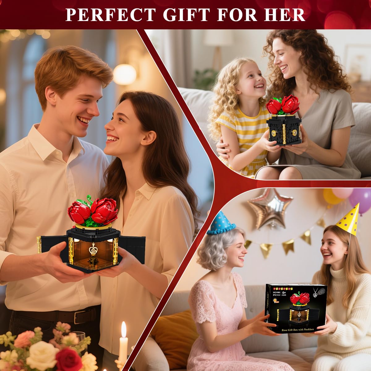 HOGOKIDS Flowers Box Building Set with LED & Necklace, for Mom/Wife, 312PCS Preserved Rose with Heart Necklace for Adults Women on Birthday Anniversary, I Love You in 100 Languages