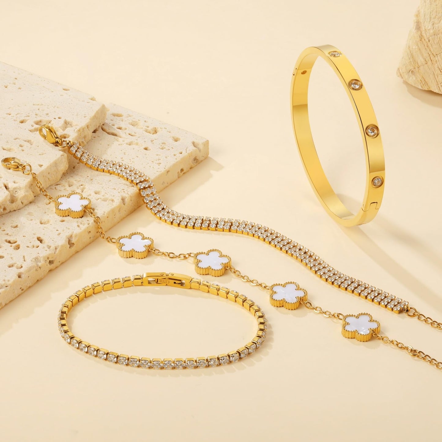 MVCOLEDY 18 K Gold Plated Love Bracelet Stack for Women 4-Piece Bracelet Shell Floral Clover Chain, Tennis Chain and Crystal Gold Bangle, Love Bracelet Design Gift Jewelry for Valentines Day