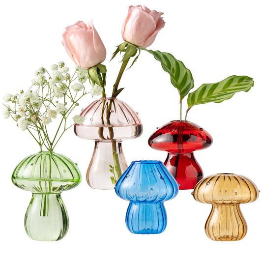 JGKYLDZ Mushroom Vases, Set of 5 Colored Plant Propagation Station, Mushroom Propagation Vase, Mini Terrarium for Plants, Cute Glass Hydroponic Vase for Flowers, Gifts for Women, Plant Lover (5)