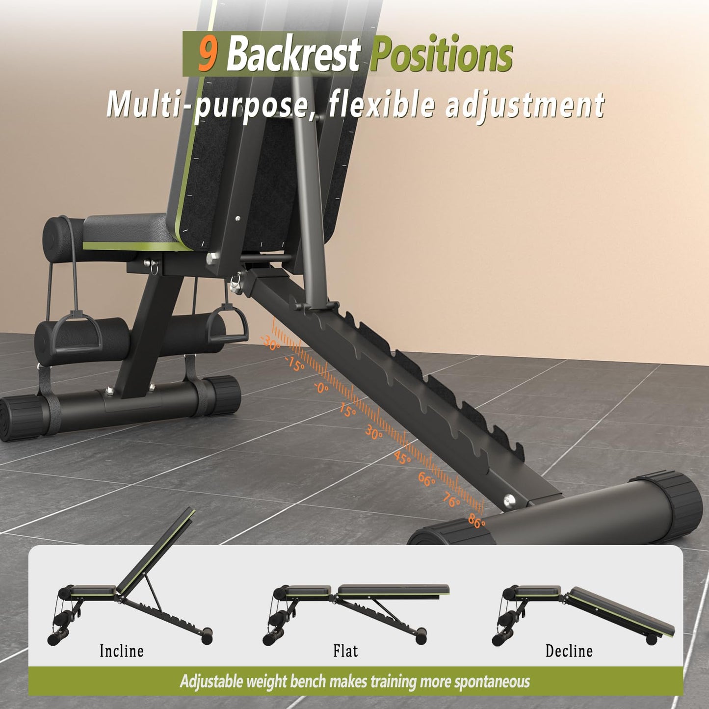 Fitgoods Adjustable Weight Bench for Home Gym, Foldable 700LBS Workout Bench with 9 Backrests, Multi-Purpose Bench Press for Incline Decline Flat with Fast Adjustment (2 resistance bands)