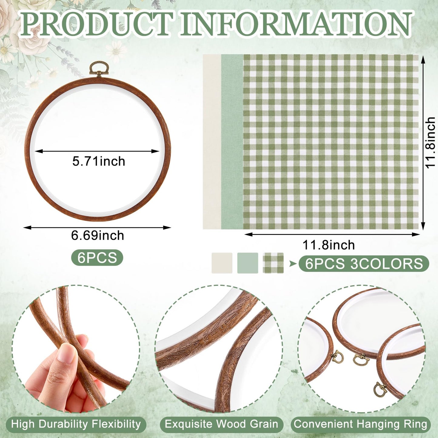 Tudomro 6 Sets 6.7 Inch Embroidery Hoop Frame and 11.8 Inch Pre-Cut Cloth Fabric Squares Kit Imitation Wood Cross Stitch Hoop for Beginner, DIY, Art Craft Sewing, Wall Hanging Decor(Sage Green)