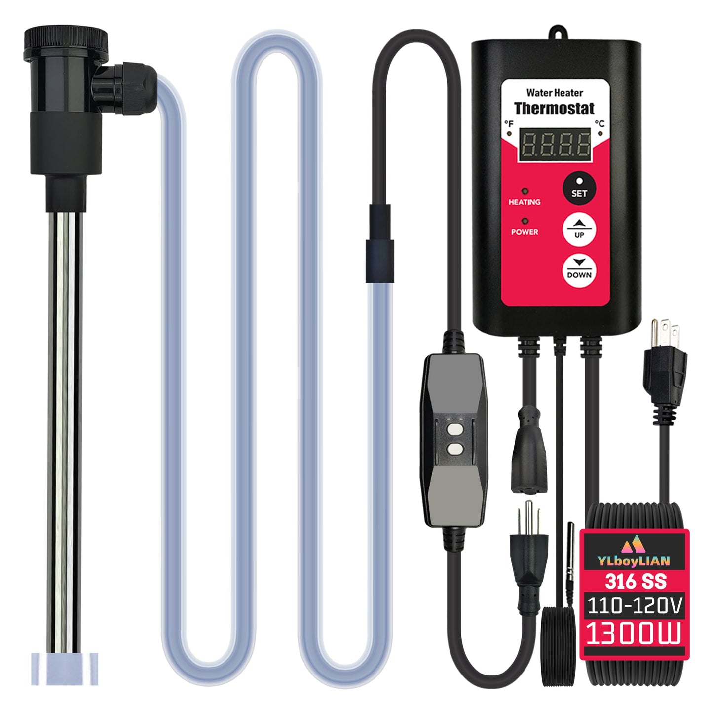YLboyLIAN 1300W Immersion Water Heater Portable Electric Buckets & Hot Tub Fully Submersible Water Heater with Temp Control and GFCI for baptistry, Bathtub, Pools, Buckets - Easy to use