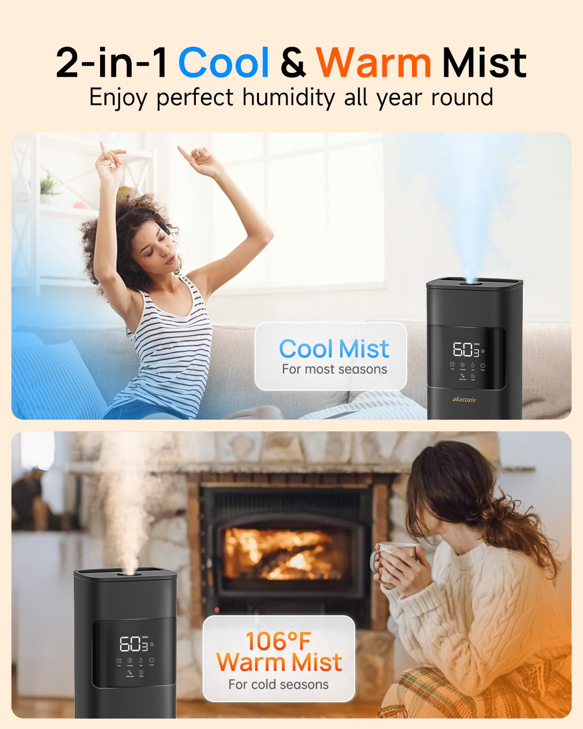 Akacozie Warm & Cool Mist Humidifiers for Bedroom 500 sq ft, 2.1Gal/8L Top-Fill Humidifier Large Room with Essential Oil Diffuser, Large Room Humidifiers for Home Baby Nursery Office Plants, Black