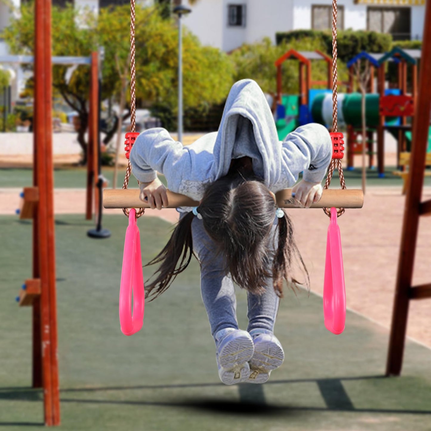 PELLOR Trapeze Bar Gym Rings -Trapeze Swing Bar for Playground Accessories Monkey Bars with Adjustable Rope Kit Equipment for Children Adult