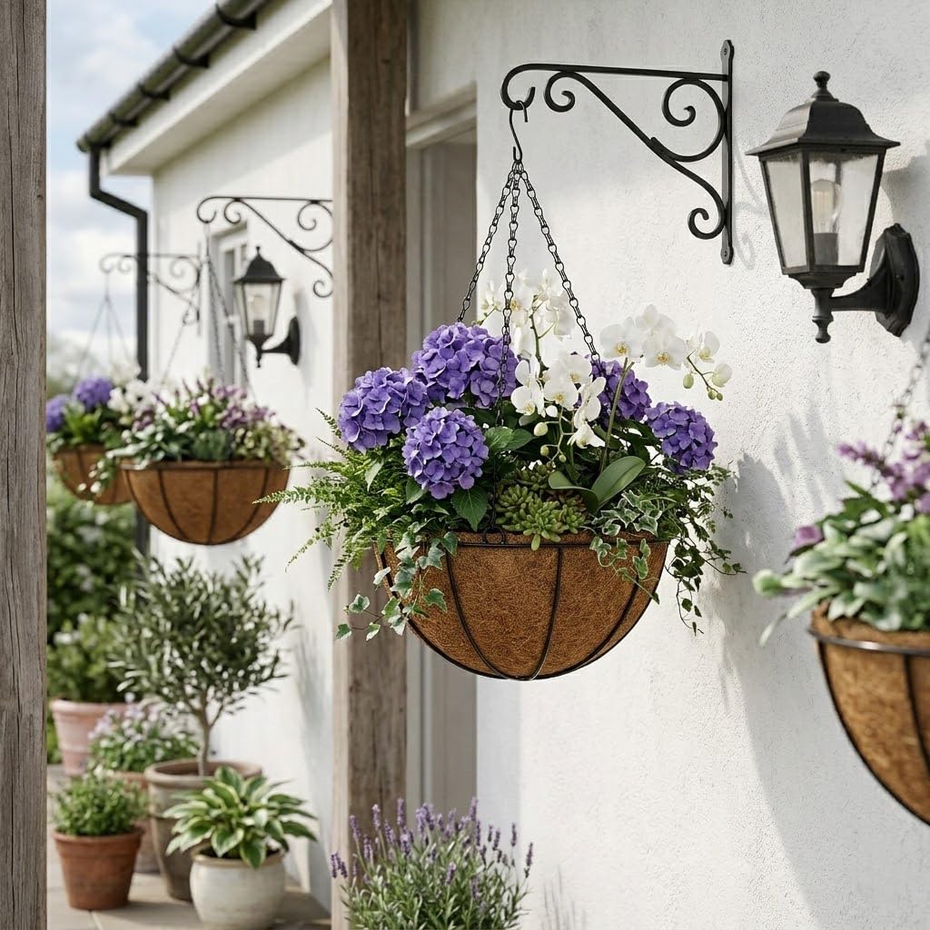10 Inch Metal Hanging Basket with Coco Coir Liner for Flowers Planting, 6 Pack Hanging Baskets for Plants Outdoor, Round Wire Planters with Chain for Home Patio Porch Balcony Garden Decor