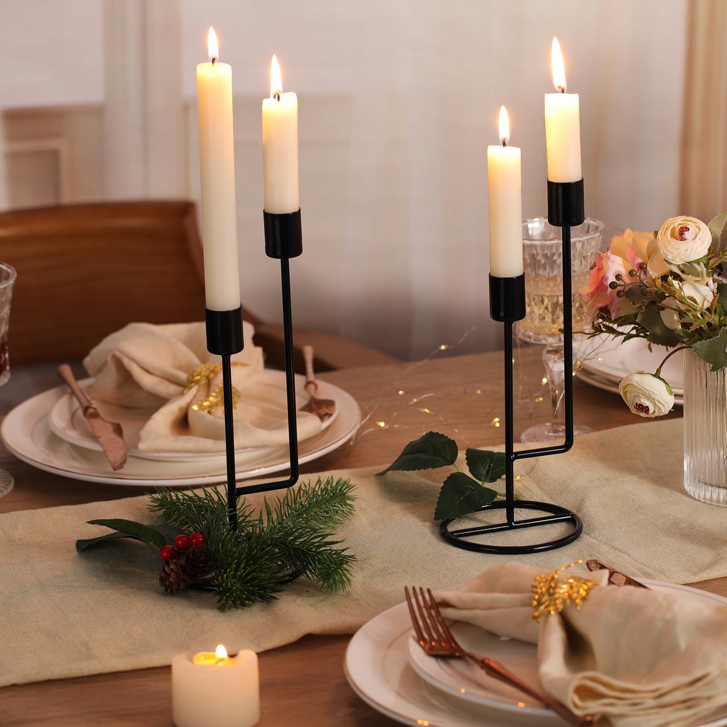 HAVITI Double-Headed Candle Holder, Black Tall Candlestick Holder, Set of 2 Taper Candle Holders for Halloween Christmas Wedding Centerpiece Dining Fireplace Mantle Home Decor