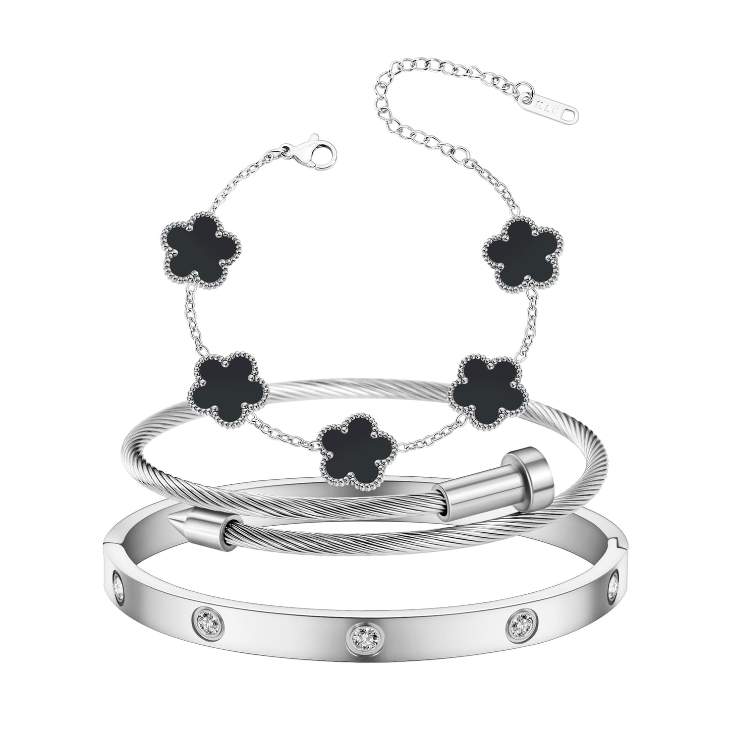 Jade cabbage Gold Bracelets for Women 18K Gold Plated Love Friendship Bracelet With Cubic Zirconia Cuff Bangle Jewelry Set Witness the Gift of Love (Silver 3pcs-B Large 7")