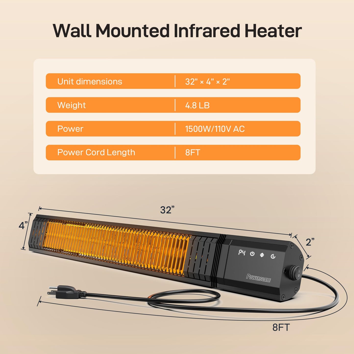 Powerscale Infrared Heater 1500W with Remote, 2.5s Instant Heat & Memory Function, Electric Patio Heater 4 Heat Levels, IP65 Waterproof - Indoor/Outdoor Space Heater for Garage, Backyard, Black