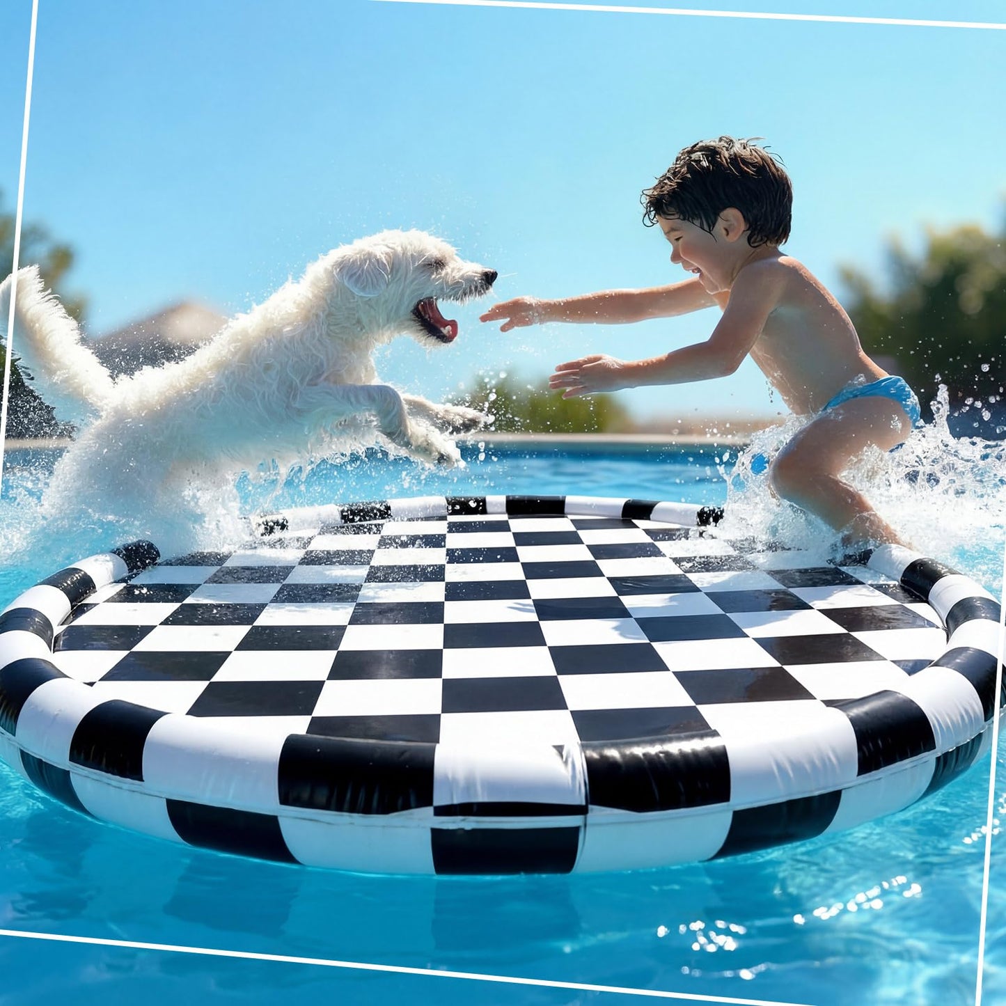 Skylety 60" Black White Checkered Non-Slip Kids Dog Splash Pad Sprinkler Large Splash Pad Sprinkler Fountain Play Mat Summer Outdoor Water Toys for Pet Dog Kids Toddlers Backyard