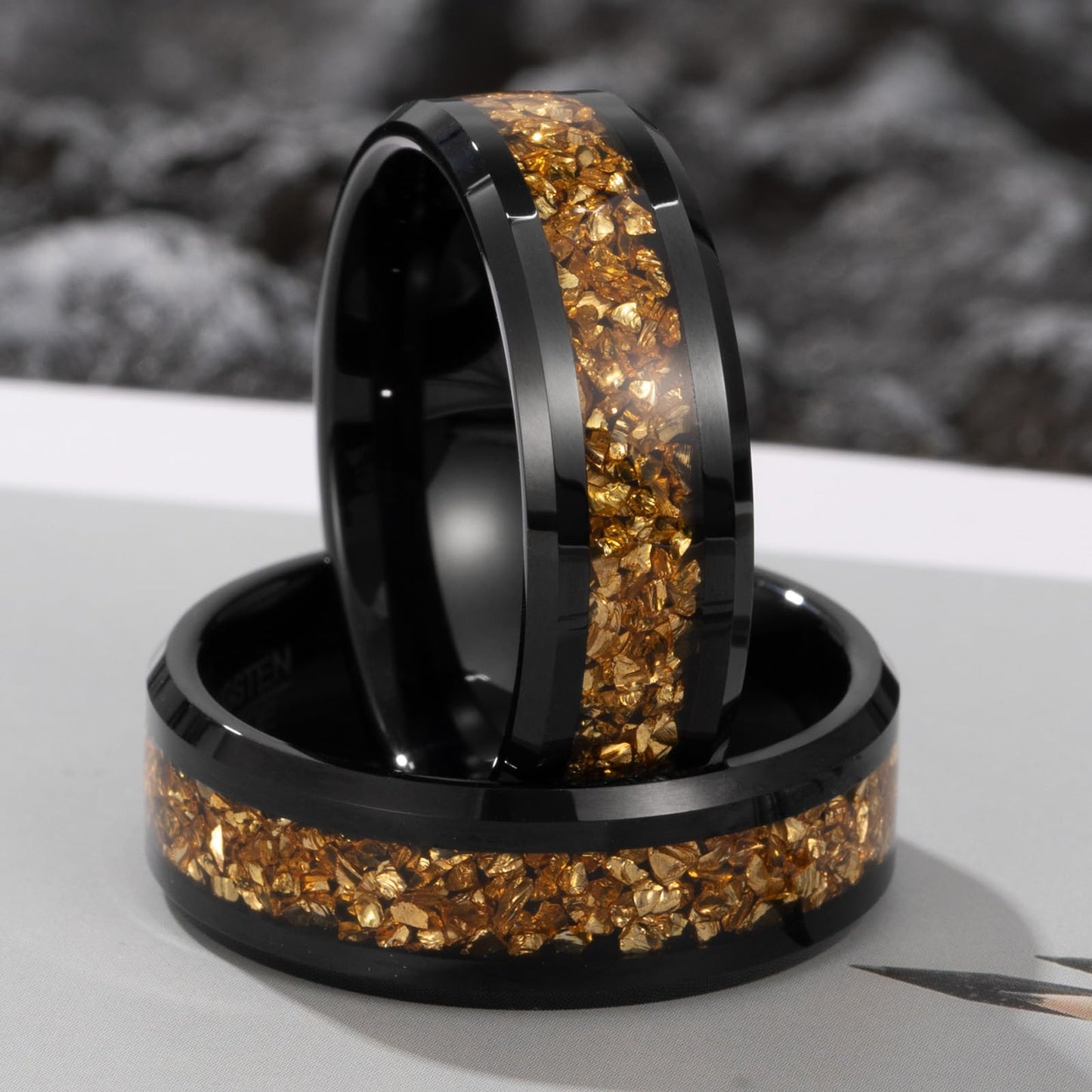 NUNCAD Men's Tungsten Rings 8mm Black Wedding Band Inlaid with Citrine Center Polished Domed Comfort Fit Size 7
