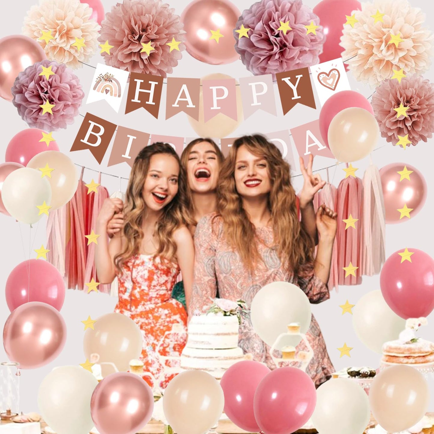 Birthday Decorations for Women, Retro Blush Pink Party Balloons Boho Happy Birthday Banner Paper Pompoms Tassel Garland, Neutral Rustic Birthday Party Décor Supplies Girls Boys Adults