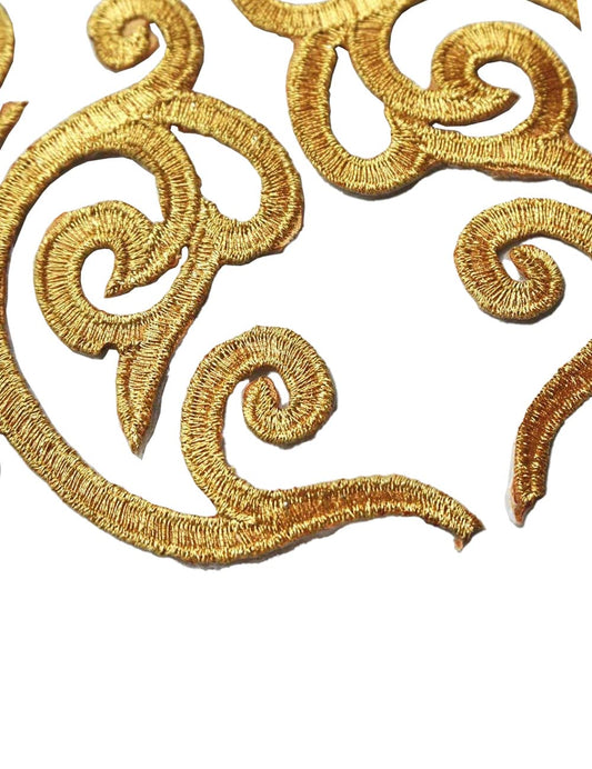 5 Pairs Embroidered Fancy Baroque Applique Swirl Iron on Patches Scroll Badge with Gold Trimming for Wedding Gown Dress Shoe Shirt Borders (Gold)