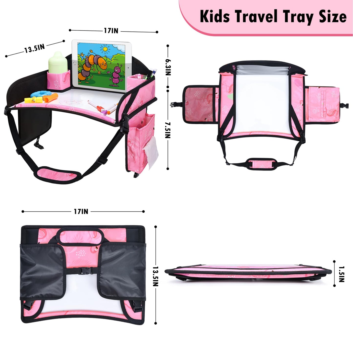 WENRENER Kids Travel Tray, Car Seat Tray for kids Travel, Toddler Road Trip Essentials With Drawing Kit, Toddler Lap Desk Organizer for Car, Carseat Table for Airplane