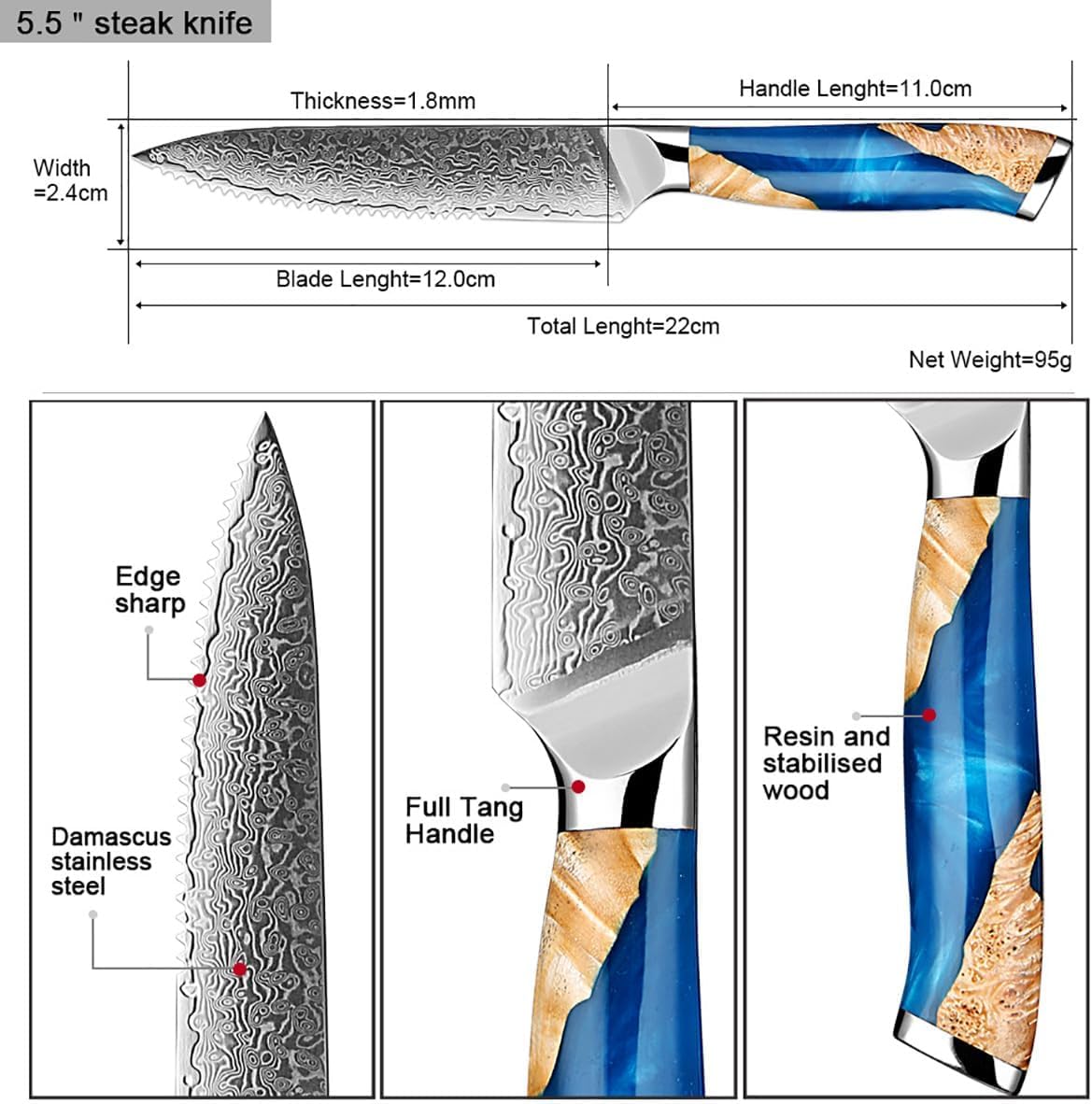 ZILNEHZ Damascus Steel Steak Knife, Resin Wood Handle, Stainless Steel Western Style Steak Knives of 4, Kitchen Serrated Set Knife Slicing & Cutting