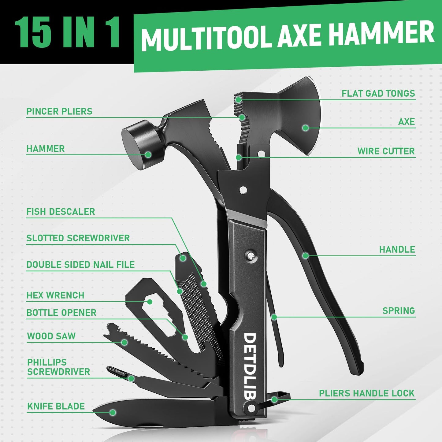 DETDLIB 15-in-1 Multitool Axe Hatchet, Birthday Gifts for Men, Essential for Camping, Hiking, Cool Gadget, Gifts for Men. Women, Dad, Him, Husband, Father, Mechanic, Boyfriend, Black